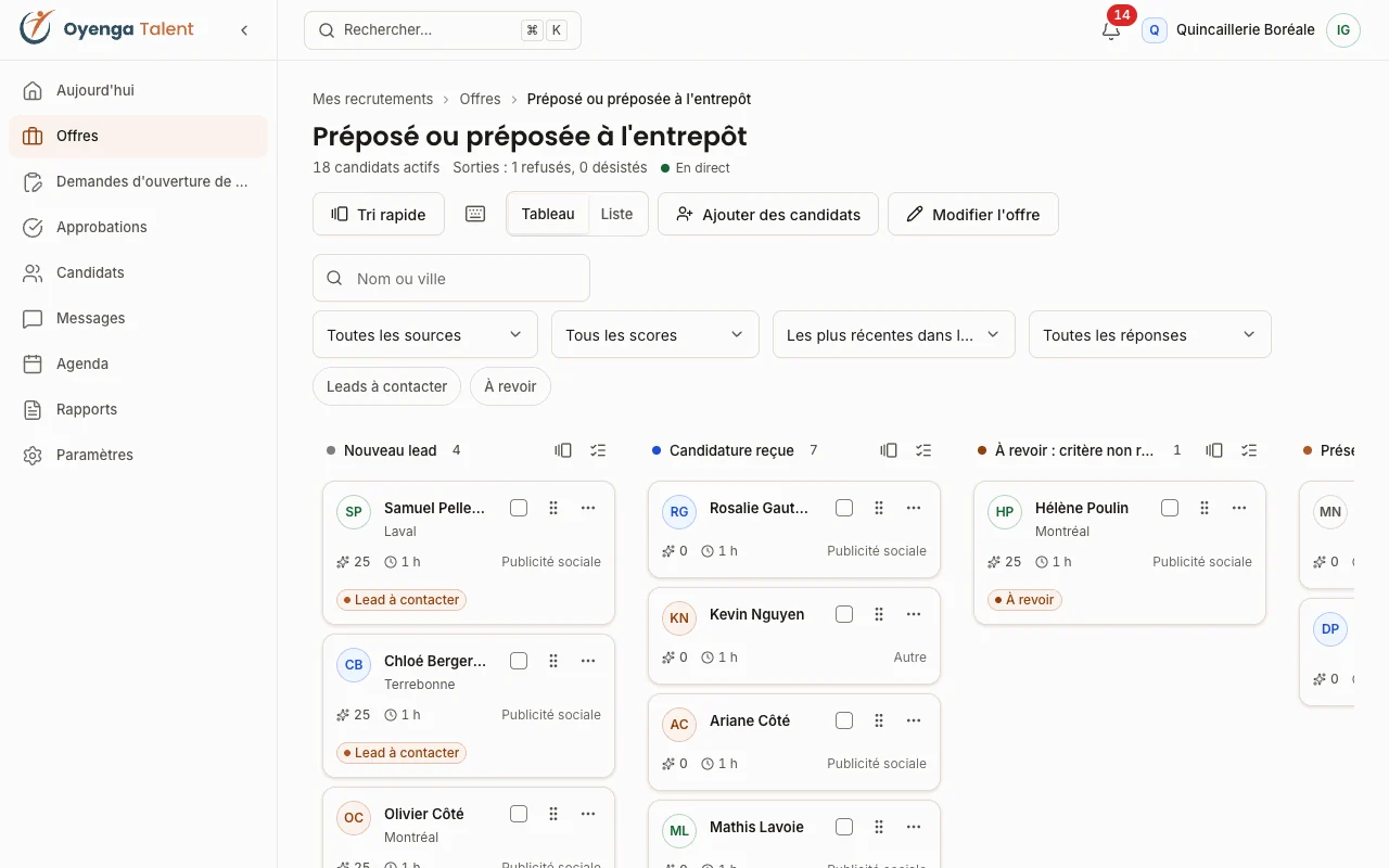 Tableau de suivi d'une offre dans Oyenga Talent : les candidats sont classés par étape, avec leur ville et leur source.